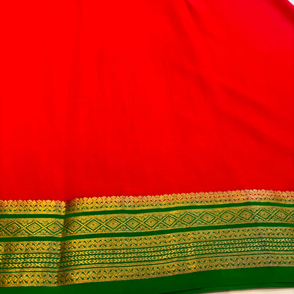 Pure Mysore Crepe Silk Saree in Red & Green with Striking Contrast