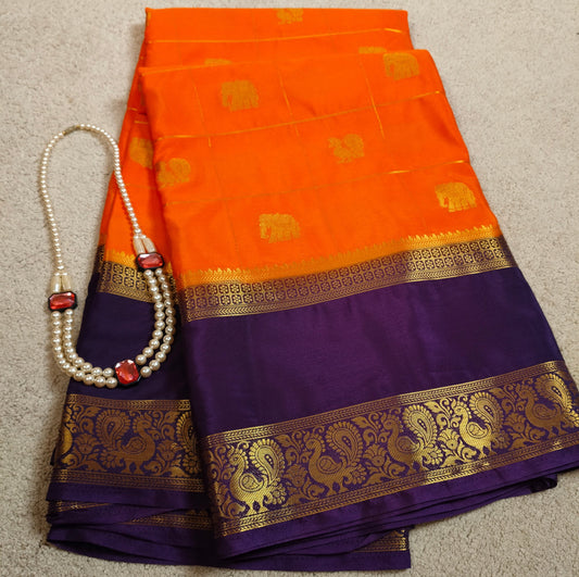 Semi Silk Saree – Orange with Purple Border (Peacock & Elephant Design)(Code SS-27)