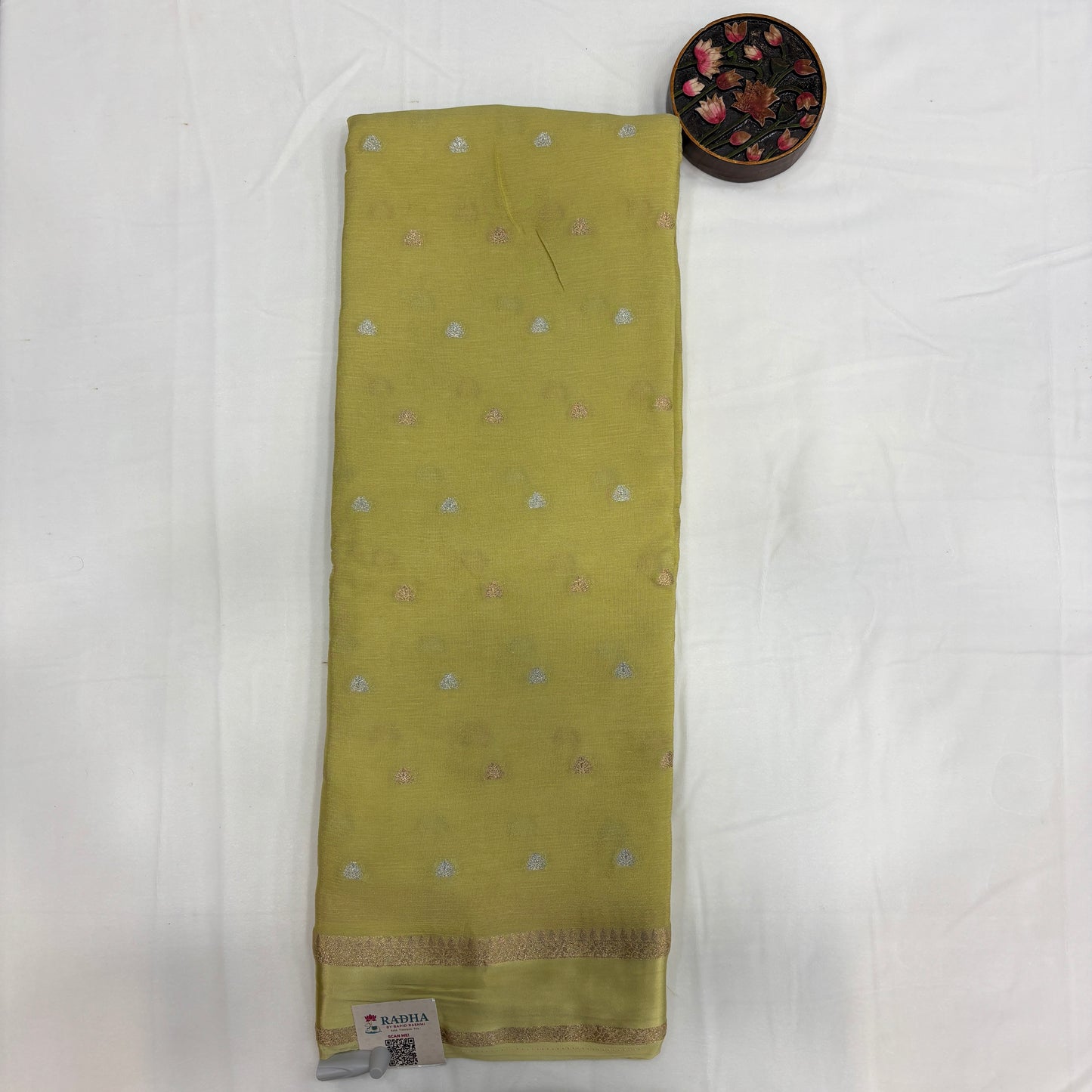 Premium Chinnon Saree for Women | Elegant Butta Design with Self Weave & Delicate Border | Festive, Wedding & Party Wear | Radha By Rapid Rashmi