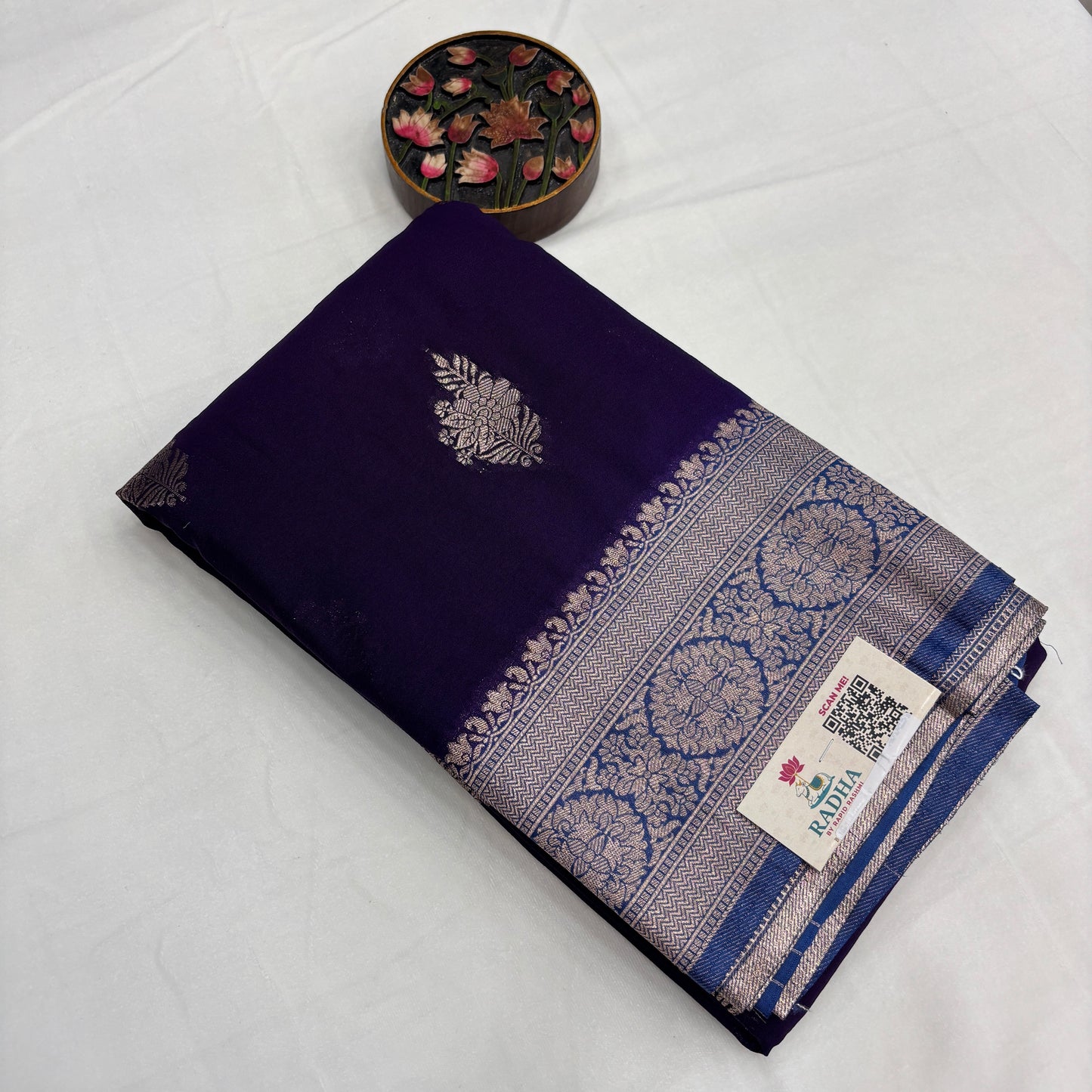 Premium Semi Crepe Saree for Women | Elegant Floral Design with Rich Pallu & Gold Zari Border | Festive, Wedding & Party Wear | Radha By Rapid Rashmi