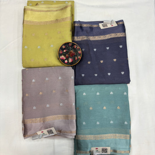 Premium Chinnon Saree for Women | Elegant Butta Design with Self Weave & Delicate Border | Festive, Wedding & Party Wear | Radha By Rapid Rashmi