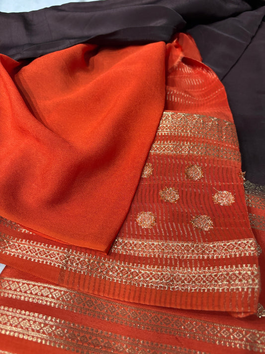 Premium Chinnon Crepe Saree for Women | Elegant Contrast Design with Butta Border | Wedding, Festive & Designer Party Wear | Radha By Rapid Rashmi