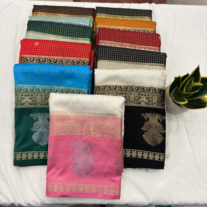 Premium Semi Crepe Saree with Gandaberunda Motif, Bentex Border & Zari Checks | Designer Wedding, Festive & Party Wear Saree for Women