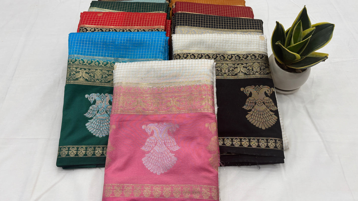 Premium Semi Crepe Saree with Gandaberunda Motif, Bentex Border & Zari Checks | Designer Wedding, Festive & Party Wear Saree for Women