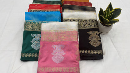 Premium Semi Crepe Saree with Gandaberunda Motif, Bentex Border & Zari Checks | Designer Wedding, Festive & Party Wear Saree for Women