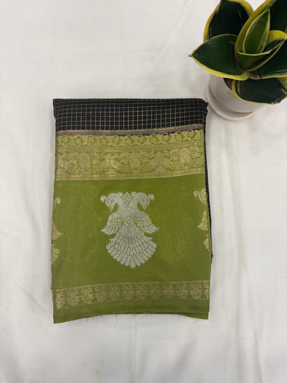 Premium Semi Crepe Saree with Gandaberunda Motif, Bentex Border & Zari Checks | Designer Wedding, Festive & Party Wear Saree for Women
