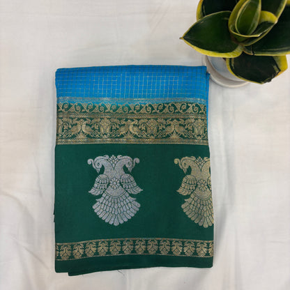 Premium Semi Crepe Saree with Gandaberunda Motif, Bentex Border & Zari Checks | Designer Wedding, Festive & Party Wear Saree for Women
