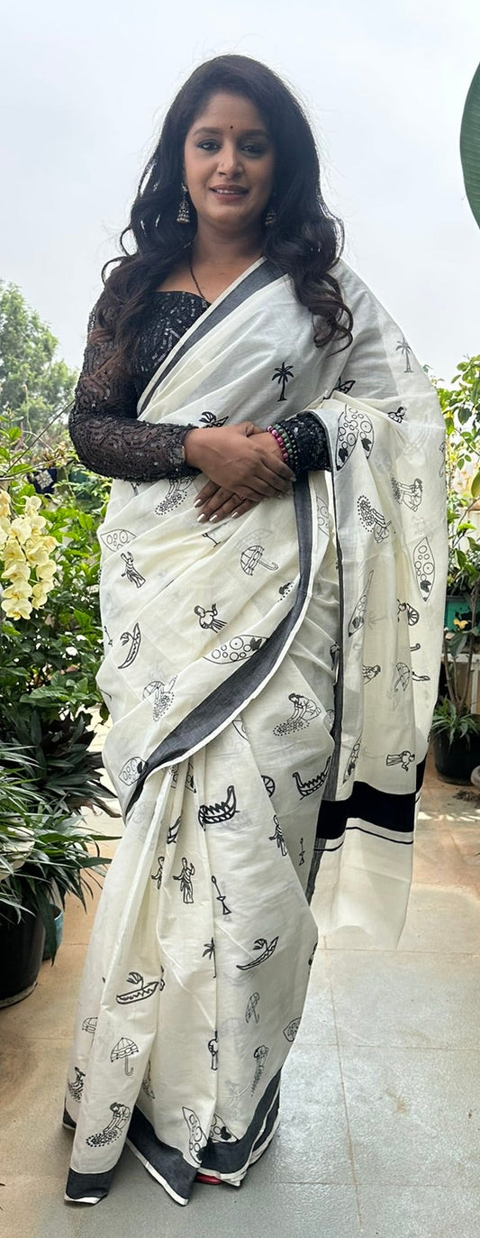 Kerala Theme Saree – Orange, Maroon & Black(Code KTS-01)