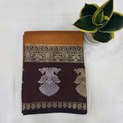 Premium Semi Crepe Saree with Gandaberunda Motif, Bentex Border & Zari Checks | Designer Wedding, Festive & Party Wear Saree for Women