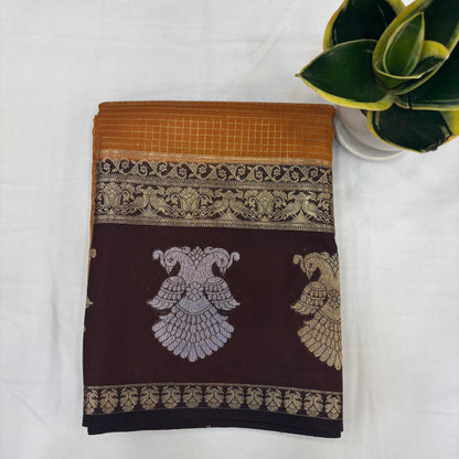 Premium Semi Crepe Saree with Gandaberunda Motif, Bentex Border & Zari Checks | Designer Wedding, Festive & Party Wear Saree for Women