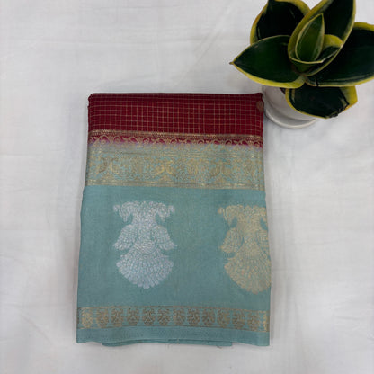 Premium Semi Crepe Saree with Gandaberunda Motif, Bentex Border & Zari Checks | Designer Wedding, Festive & Party Wear Saree for Women