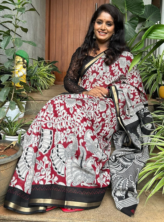 Mul Cotton Peacock Kalamkari Print  Saree(Code MC-03)