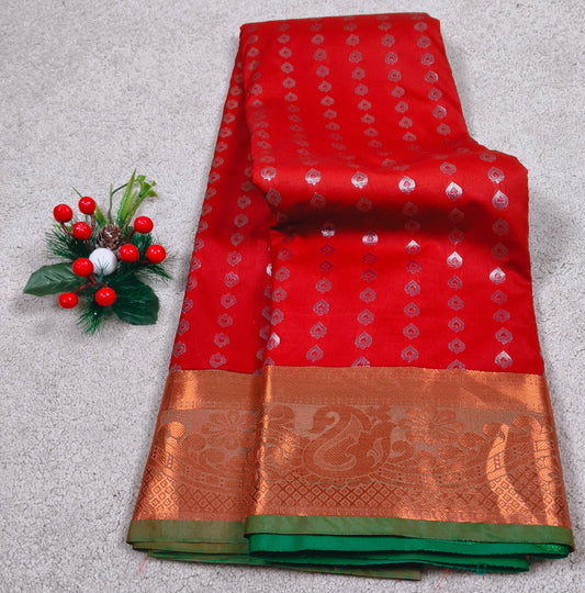 Kanchi Semi Silk Saree – Red with Orange-Gold Peacock Zari Border(Code KSS-11)