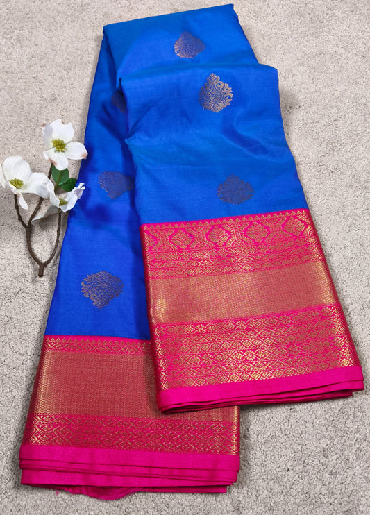 Kanchi Semi Silk Saree – Blue with Pink Zari Border( Code KSS-02)