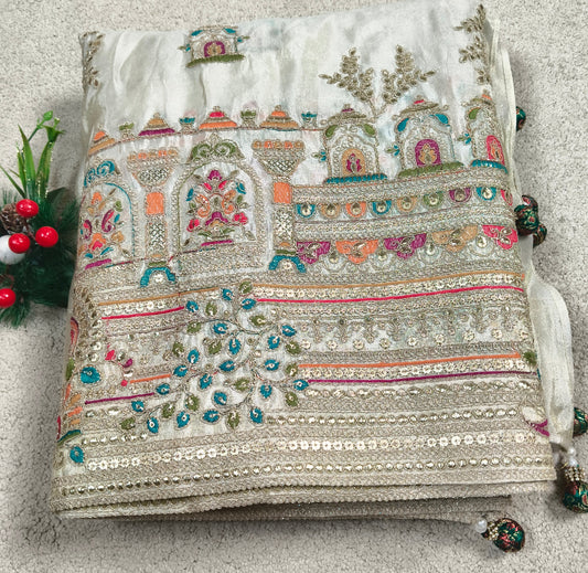 White Embroidered Pure Pashmina Saree with Blouse Piece(Code EPP-01)