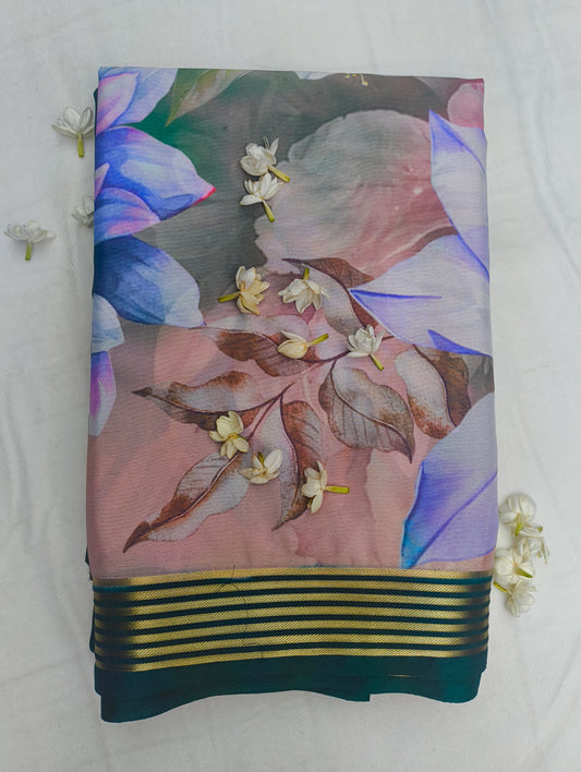 Gold Zari Floral Border Semi Crepe Saree with Digital Print