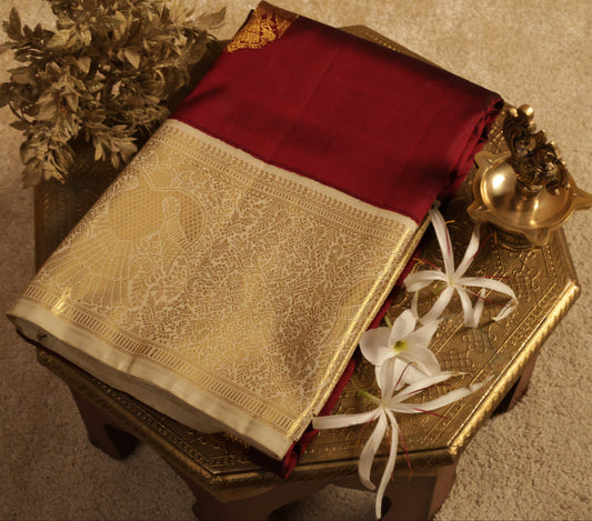 2 Gram Gold Contrast Pallu Pure Silk Saree – Maroon with Golden Work(Code PSS-04)