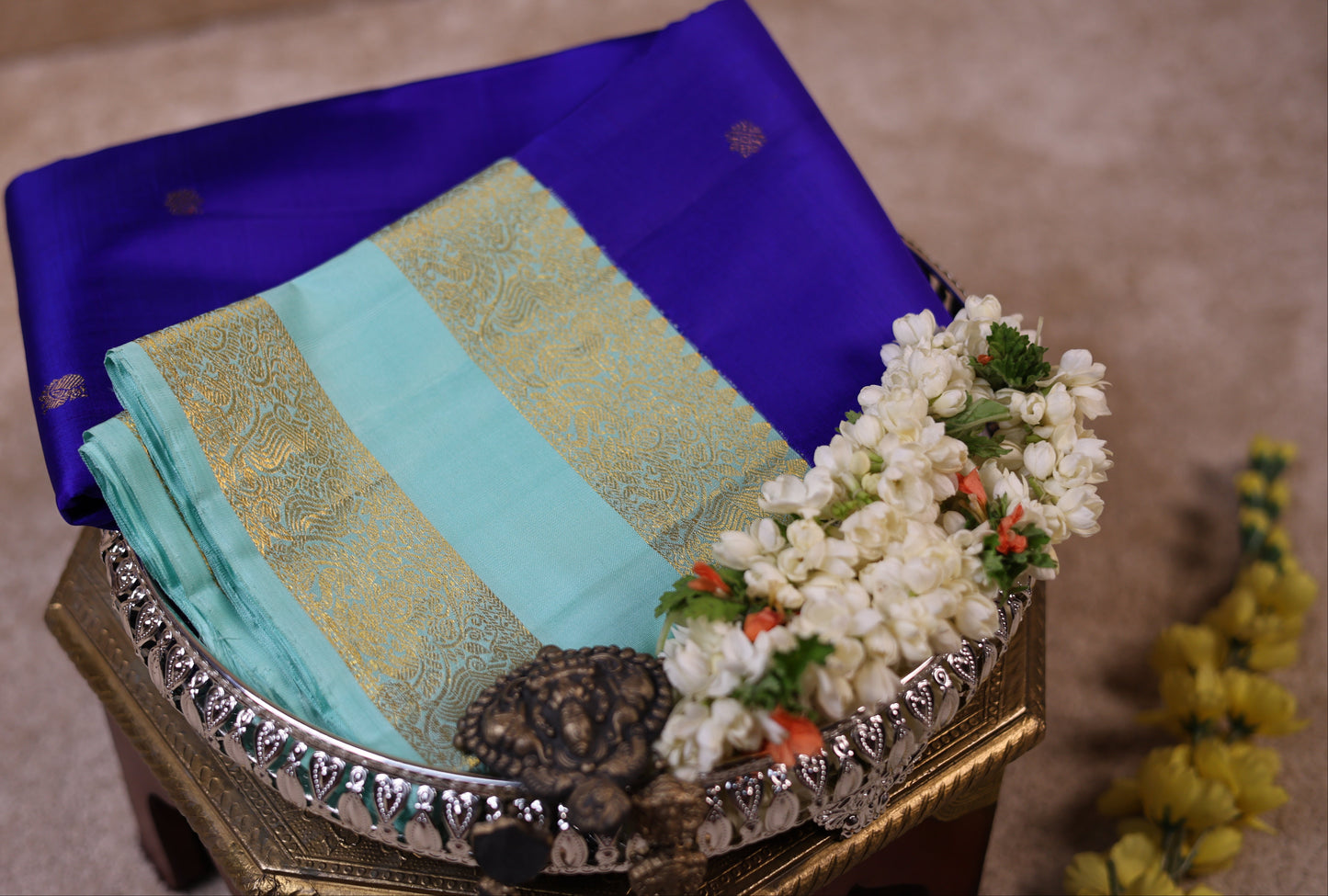 Bentex Butta Pure Silk Saree – Blue & Light Green (Double G Border)(Code PSS-08)