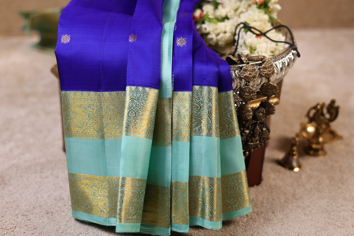 Bentex Butta Pure Silk Saree – Blue & Light Green (Double G Border)(Code PSS-08)