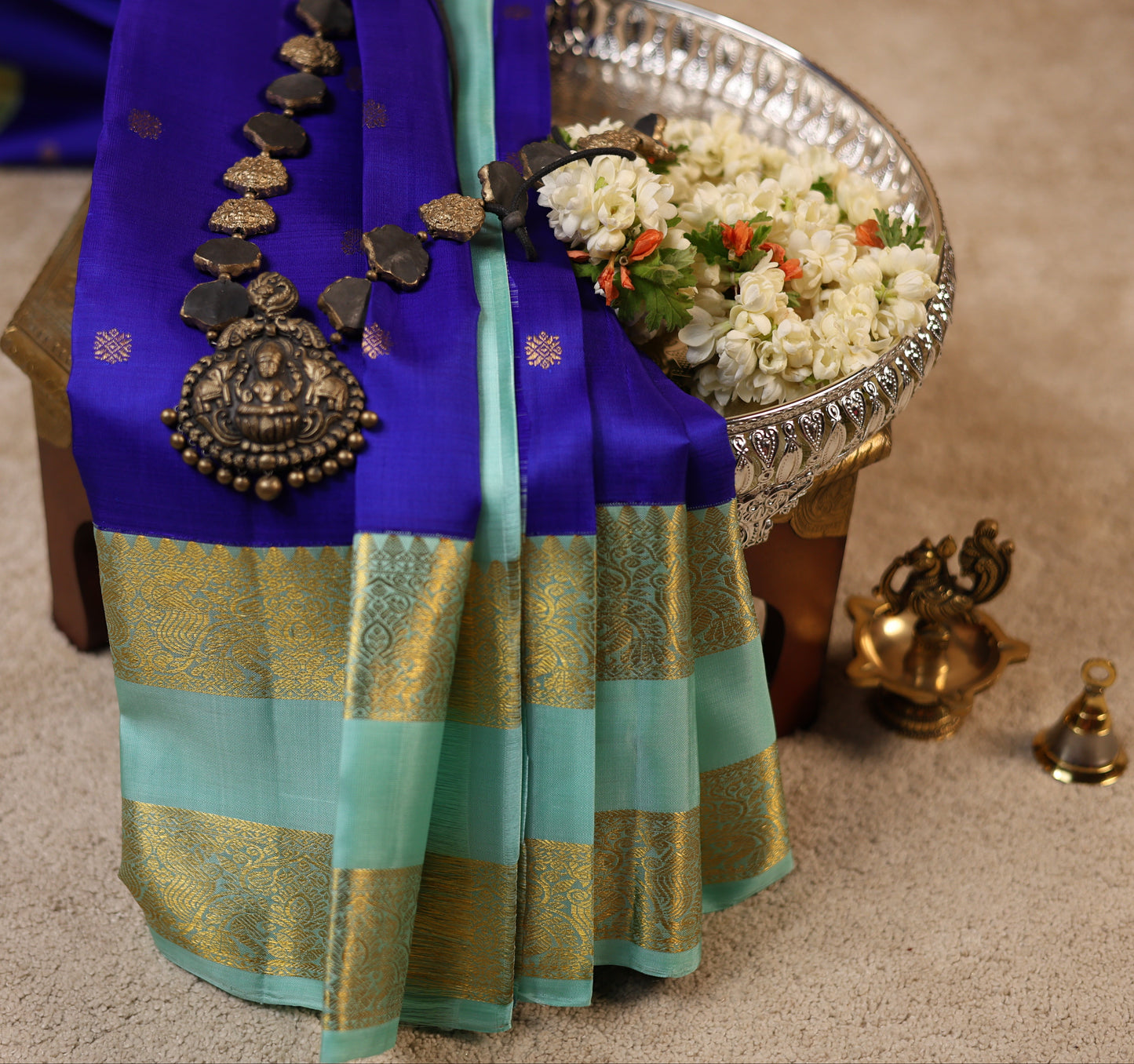 Bentex Butta Pure Silk Saree – Blue & Light Green (Double G Border)(Code PSS-08)