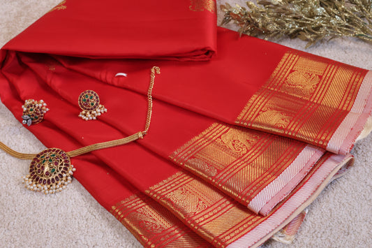 Small Border Pure Silk Saree – Red with Peacock & Elephant Butta(Code PSS-06)