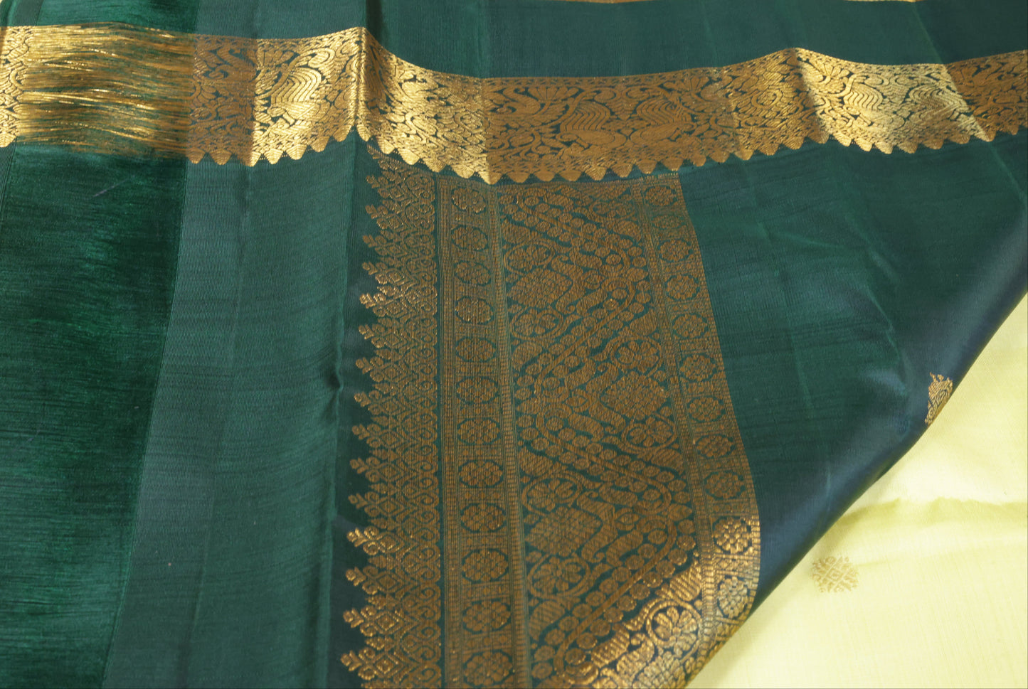 Lemon Yellow Pure Silk Saree with Dark Green Peacock Zari Border(Code PSS-36)