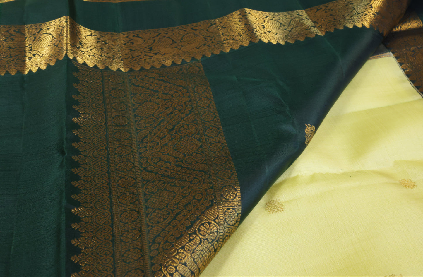 Lemon Yellow Pure Silk Saree with Dark Green Peacock Zari Border(Code PSS-36)