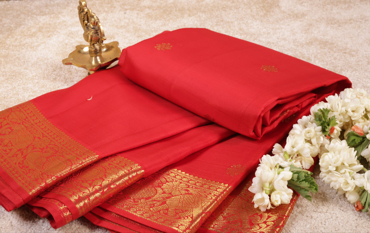 Royal Red Pure Silk Saree with Peacock & Elephant Zari Border(Code PSS-32)