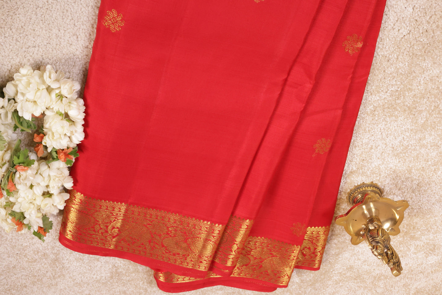 Royal Red Pure Silk Saree with Peacock & Elephant Zari Border(Code PSS-32)
