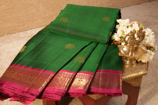 Small Border Pure Silk Saree – Pink Border with Peacock Design(Code PSS-11)