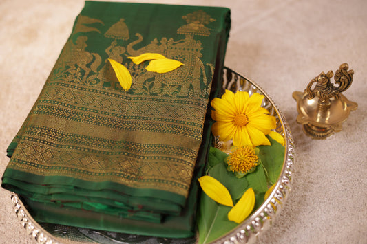 Turning Border Pure Silk Saree – Green with Gold Pallakki Zari(Code PSS-02)