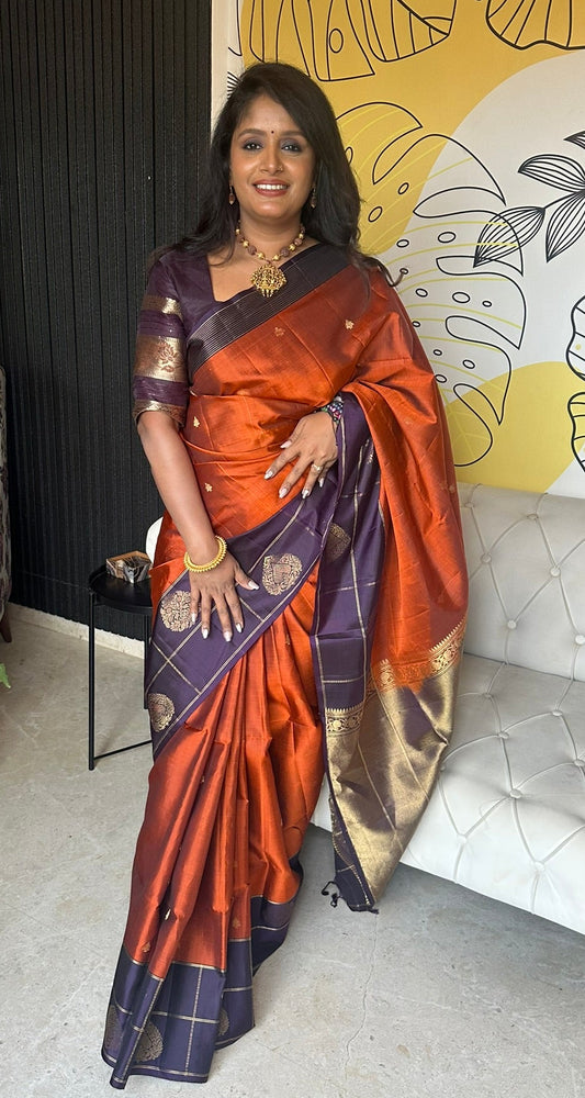 Pure Silk Saree – Rust Orange & Dark Purple(Code PSS-30)