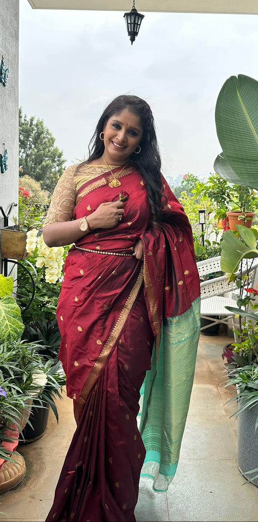 Handloom Pure Soft Silk Saree – Maroon with Sea Green Pallu (Code PSS-37)