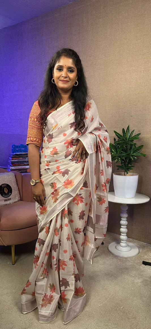 Kerala Copper Tissue Maple Leaf Digital Printed Saree (Code SS-1031)