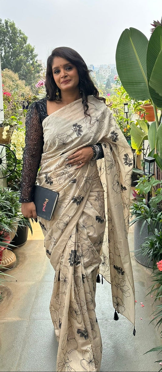 Black & Beige Floral Thread Work Mul Chanderi Saree with Tassels(Code BBT-01)