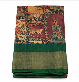 Elegant Maroon &amp; Green Saree with Traditional Figurative Motifs &amp; Woven Gold Border