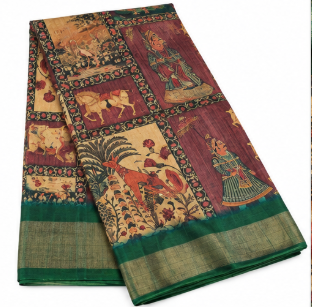 Elegant Maroon &amp; Green Saree with Traditional Figurative Motifs &amp; Woven Gold Border