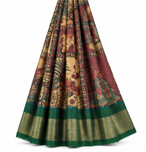 Elegant Maroon &amp; Green Saree with Traditional Figurative Motifs &amp; Woven Gold Border