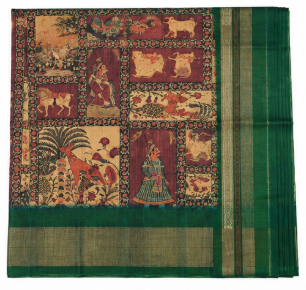 Elegant Maroon &amp; Green Saree with Traditional Figurative Motifs &amp; Woven Gold Border