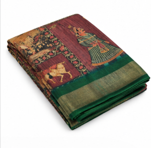 Elegant Maroon &amp; Green Saree with Traditional Figurative Motifs &amp; Woven Gold Border