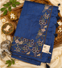 Elegant Royal Blue Saree with Floral Vine Motifs & Antique Gold Border