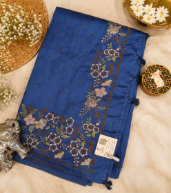 Elegant Royal Blue Saree with Floral Vine Motifs & Antique Gold Border