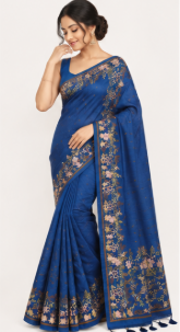 Elegant Royal Blue Saree with Floral Vine Motifs & Antique Gold Border