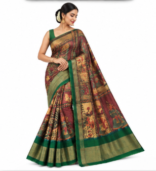 Elegant Maroon &amp; Green Saree with Traditional Figurative Motifs &amp; Woven Gold Border