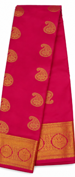 Elegant Magenta Kanchi Half Pattu Saree with Gold Paisley Motifs & Rich Zari Border