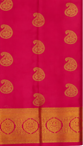 Elegant Magenta Kanchi Half Pattu Saree with Gold Paisley Motifs & Rich Zari Border
