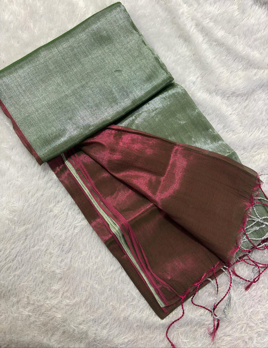 Mul Tissue Saree – Maroon and Green(Code MMT-04)
