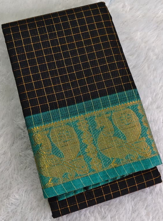 Chettinad Cotton Saree – Black and Green(Code CC80-02)