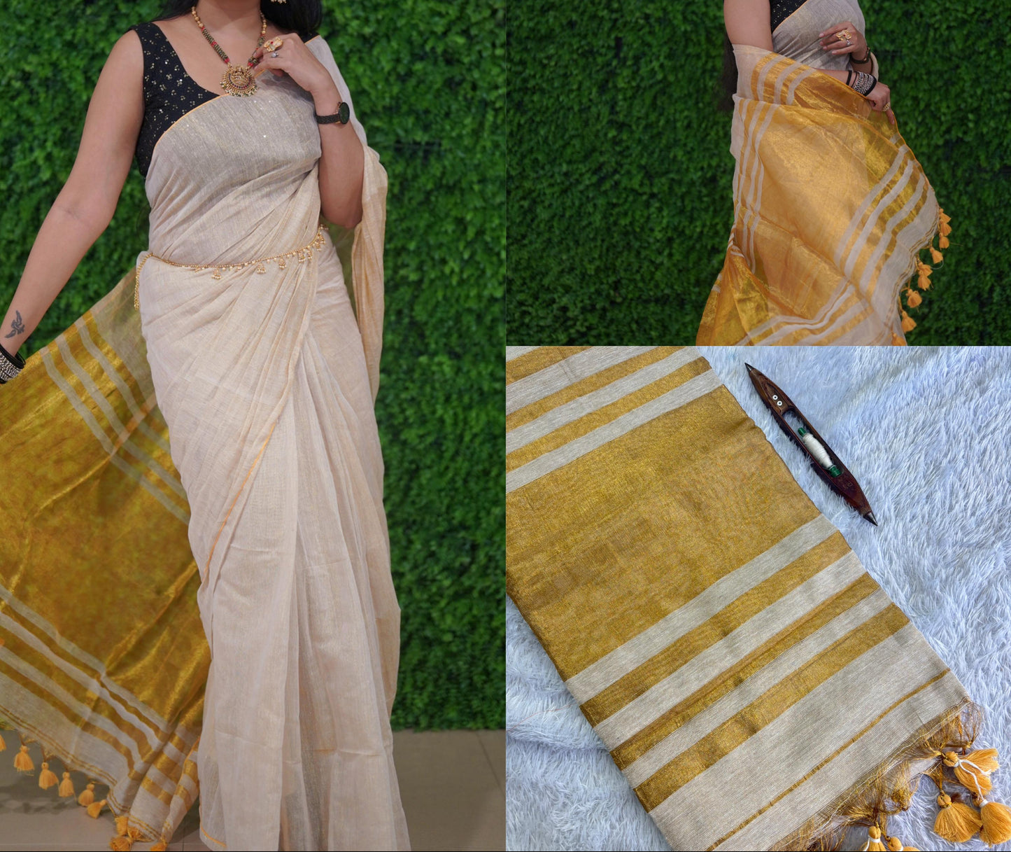 Golden Tissue Linen Saree(Code LTS-01)
