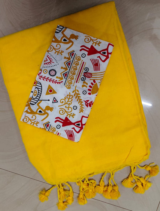 Khadi Cotton Saree with Blouse – Yellow(Code KHDC-04)